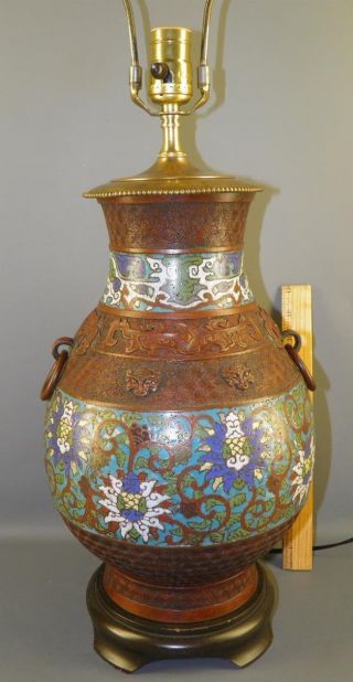 Antique Asian Champleve Cloisonne Table Lamp Vase Bronze Enamel