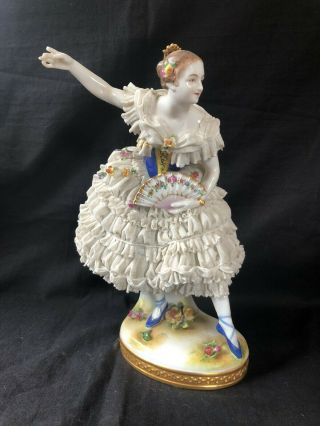 19th Dresden Volkstedt Porcelain Lace Figurine " Ballet Dancer Blue Slippers "