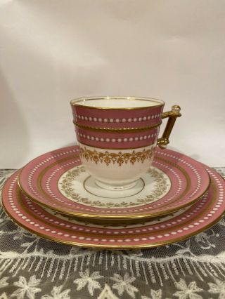 Powell Bishop Cup Saucer Trio Pink Rope Raised Gold Jeweled Brown Westhead Moore