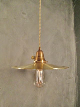 Vintage Industrial Pendant Light W/ Flat Brass Shade - Machine Age Hanging Lamp