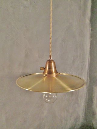 Vintage Industrial Pendant Light w/ Flat Brass Shade - Machine Age Hanging Lamp 2