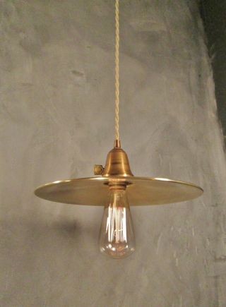 Vintage Industrial Pendant Light w/ Flat Brass Shade - Machine Age Hanging Lamp 3