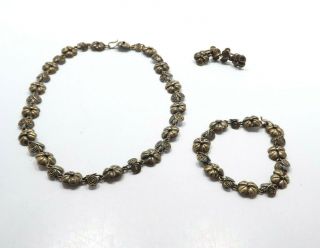 Vtg Taxco Sterling Silver Floral Scrolls Necklace Bracelet & Earrings Set,  Va