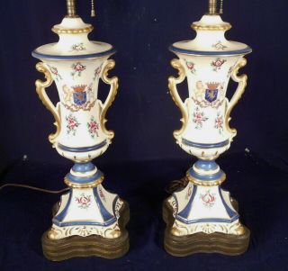 Pair Vintage Early 20th Century Hand Painted Porcelain Urn Lamps