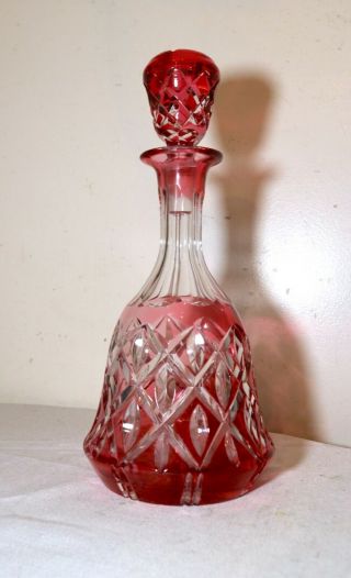 Large Antique Red Ombre Cut To Clear Czech Bohemian Crystal Glass Decanter