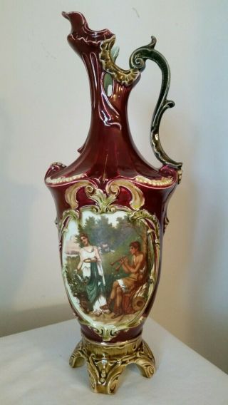 Old Paris Porcelain Ewer Vase With Hand Painted Scene 14 " Signed
