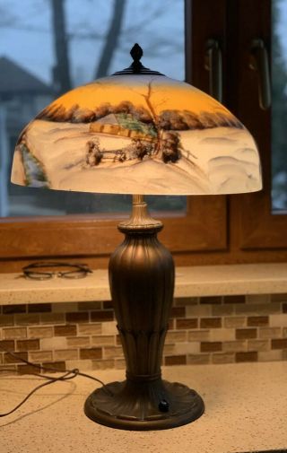 Antique Pittsburgh Style Reverse Painted Lamp Winter