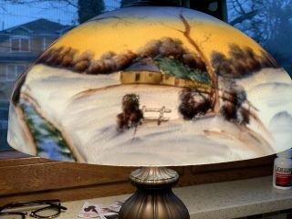 antique pittsburgh Style Reverse Painted Lamp WINTER 2