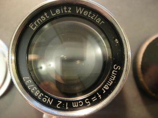 Vintage Leica Summar Lens.  F 5 Cm.  No.  383737.  W/ Caps,  Filters,  & Adapter.