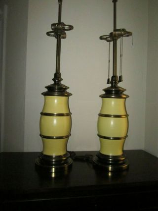 Vintage Stiffel Pale Yellow Ceramic And Brass Table Lamp Set Of 2 1960 