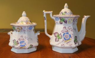 Antique Ironstone Transferware Staffordshire Teapot & Sugar Bowl Morley Blossom