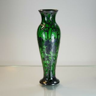 Art Nouveau 10.  25 " Electric Green Glass Vase With Silver Overlay Alvin Style