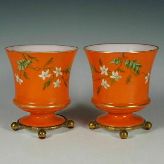 Pair French Baccarat Opaline Glass Vases Hand Painted Enamel Gilt Bronze Base