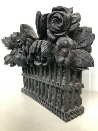 Black Forest Style Carved Basket With Flowers In Wood