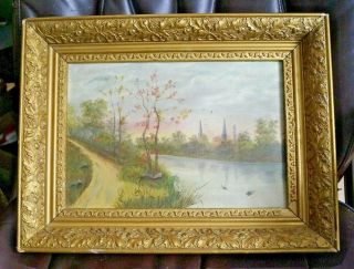 1870s - 80s Oil On Canvas Landscape Painting W/ Ornate Frame