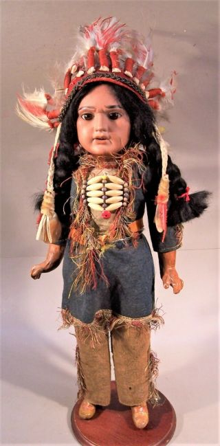 Antique 17 Inch German Bisque Head " Scowling Indian " Native American Doll