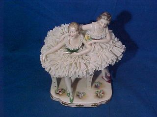 Vintage Dresden Lace German Porcelain 2 Ballet Dancers Figurine 7 "