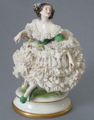 Antique Large DRESDEN Porcelain Figurine BALLERINA Frothy LACE Flowers VOLKSTEDT 2