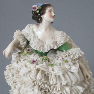Antique Large DRESDEN Porcelain Figurine BALLERINA Frothy LACE Flowers VOLKSTEDT 3