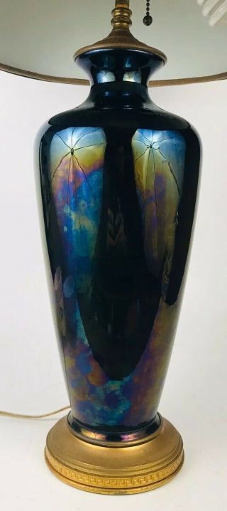 Vintage Black Iridescent Glass Double Socket Urn Lamp Brass Greek Key Detail