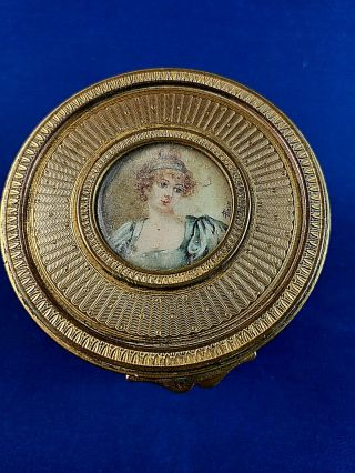 Antique French Ormolu Powder Box W/ Puff Signed Perin Lady Portrait On Wafer