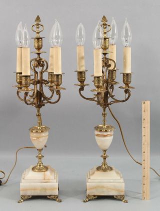 Pair Antique 19thc Victorian Gilt Brass & Agate Candelabra Candlestick Lamps,  Nr