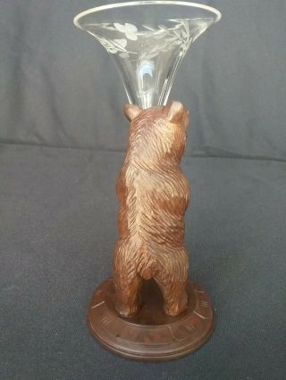 Antique Victorian Swiss Black Forest Hand Carved Bear Statue w/Tulip Glass 2