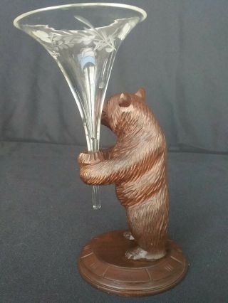 Antique Victorian Swiss Black Forest Hand Carved Bear Statue w/Tulip Glass 3