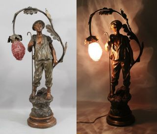 Large French Antique Art Nouveau 2 - Color Bronzed Spelter Metal Sheppard Boy Lamp
