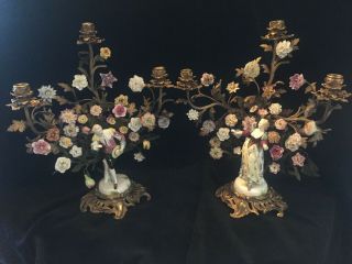 Great Pair French Candelabras Gilt Bronze & Porcelain Flower Sprays W/ Figures
