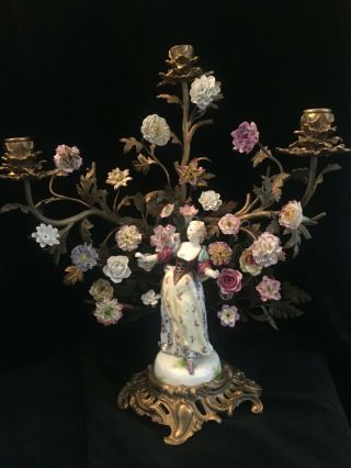 Great Pair French Candelabras Gilt Bronze & Porcelain Flower Sprays w/ Figures 2