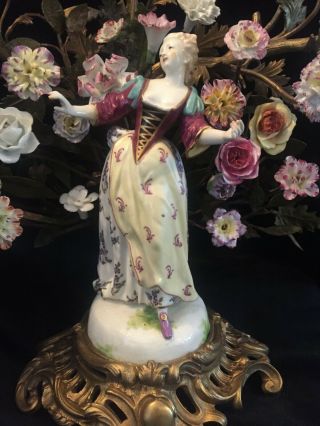 Great Pair French Candelabras Gilt Bronze & Porcelain Flower Sprays w/ Figures 3