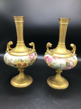 Antique Gilt Bronze And Royal Bonn Tapestry Ceramic Vases