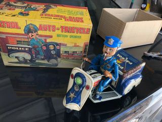 Vintage Nomura Tin Police Patrol Battery Operated Auto - Tricycle Made In Japan