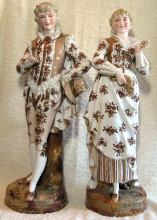 Large 14 " Tall 19th C Antique Pair French Bisque Porcelain Figures Figurine