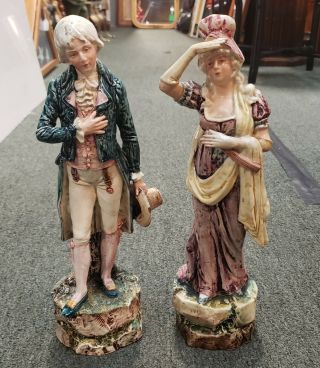 Late 19th Century French Majolica Porcelain Victorian Man And Woman Figurines