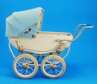Vintage Ponfa Doll Pram Carriage Buggy 1950s Metal And Vinyl Cloth White & Blue