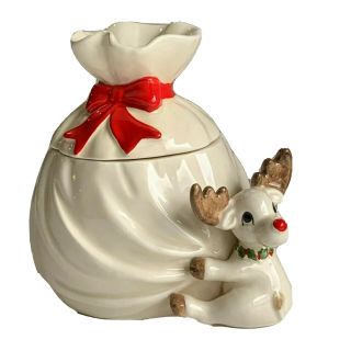 Vintage Fitz And Floyd 1977 Covered Candy Dish Bowl Jar Reindeer Red Bow Ceramic