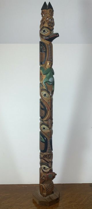 Rare 25 " Signed Wooden Carved Totem Pole From Alaska With Gnomes,  Birds,  Frogs