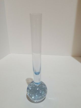Vintage Clear And Blue Controlled Bubble Glass Bud Vase,  6 Inches Tall