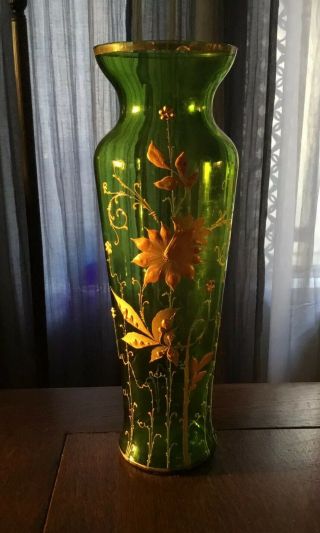 Antique Late 1900’s Green Glass Vase Raised Gilt Flower,  Gilt Rim & Base