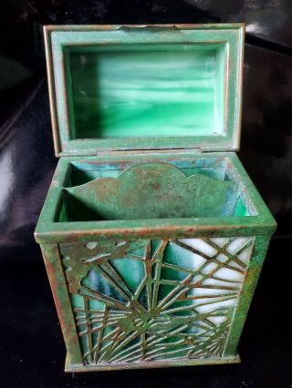 Tiffany Studios Pine Needle Patina Bronzegreen Favrile Opalescent Glass Card Box