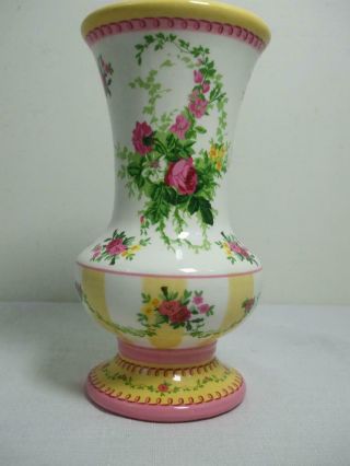 Laura Ashley 9 " Tall Ceramic Flower Vase Roses Floral Design Yellow Green Pink