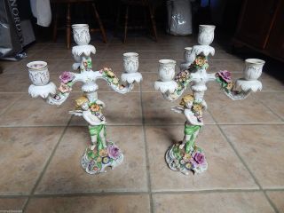 Antique Von Schierholz Germany Porcelain 4 Light Candelabras Pair,  Angels
