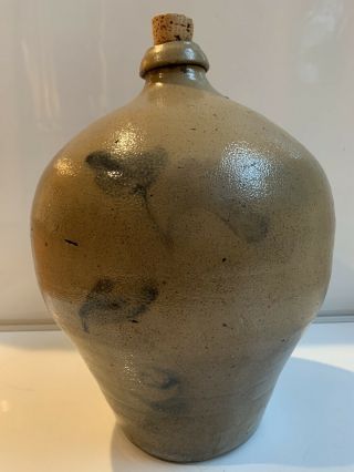 Antique Cobalt Flower Decorated Salt Glaze Stoneware 2 Gal Ovid Jug,  Crock