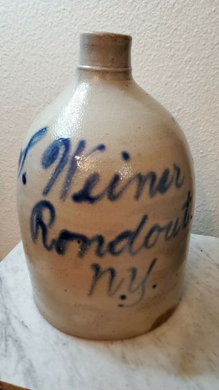 Antique S.  Weiner Rondout Ny Blue Salt Glaze Stoneware Jug Advertising Bottle