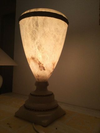 French White Alabaster Marble Urn Mantle Hurricane Lamp Hollywood Regency Moon