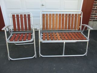 Vintage Mcm Aluminum & Redwood Folding Lawn Chair,  Bench Evc Double Barrel Arms