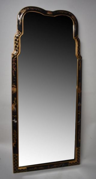 Asian Black Laquer Chinoiserie Beveled Wall Mirror