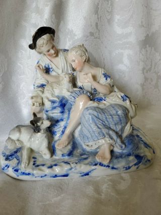 Rare Large Vintage Dresden Blue And White Figurine Man &woman With Dog Perfect